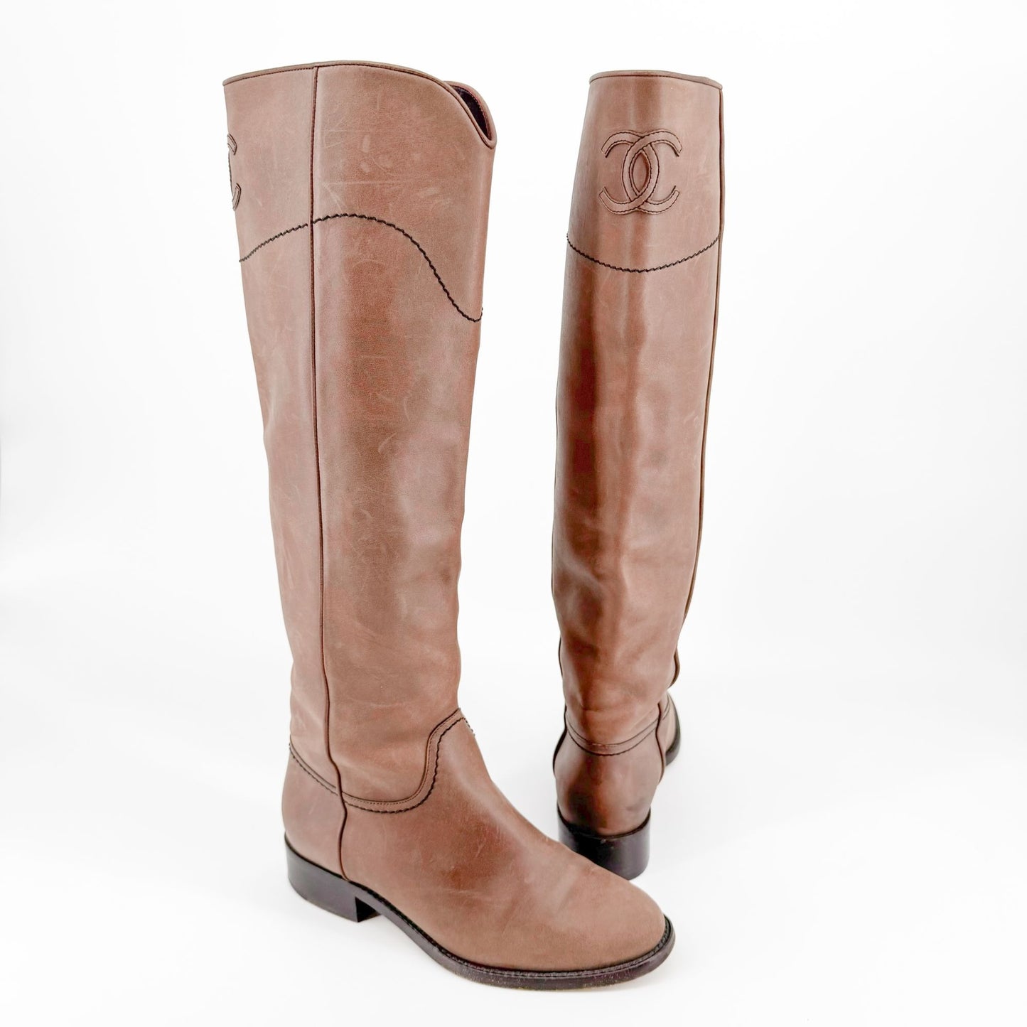 Chanel CC Knee High Riding Boots in Brown Nubuck Leather Size 36.5