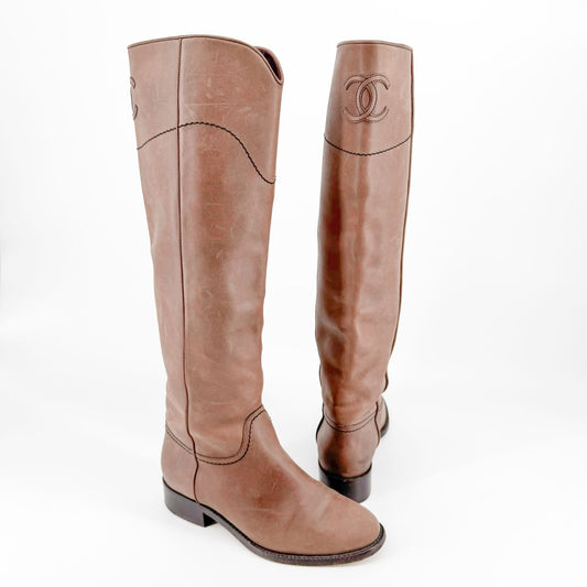 Chanel CC Knee High Riding Boots in Brown Nubuck Leather Size 36.5