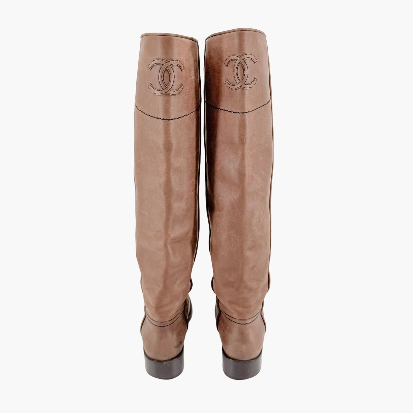 Chanel CC Knee High Riding Boots in Brown Nubuck Leather Size 36.5
