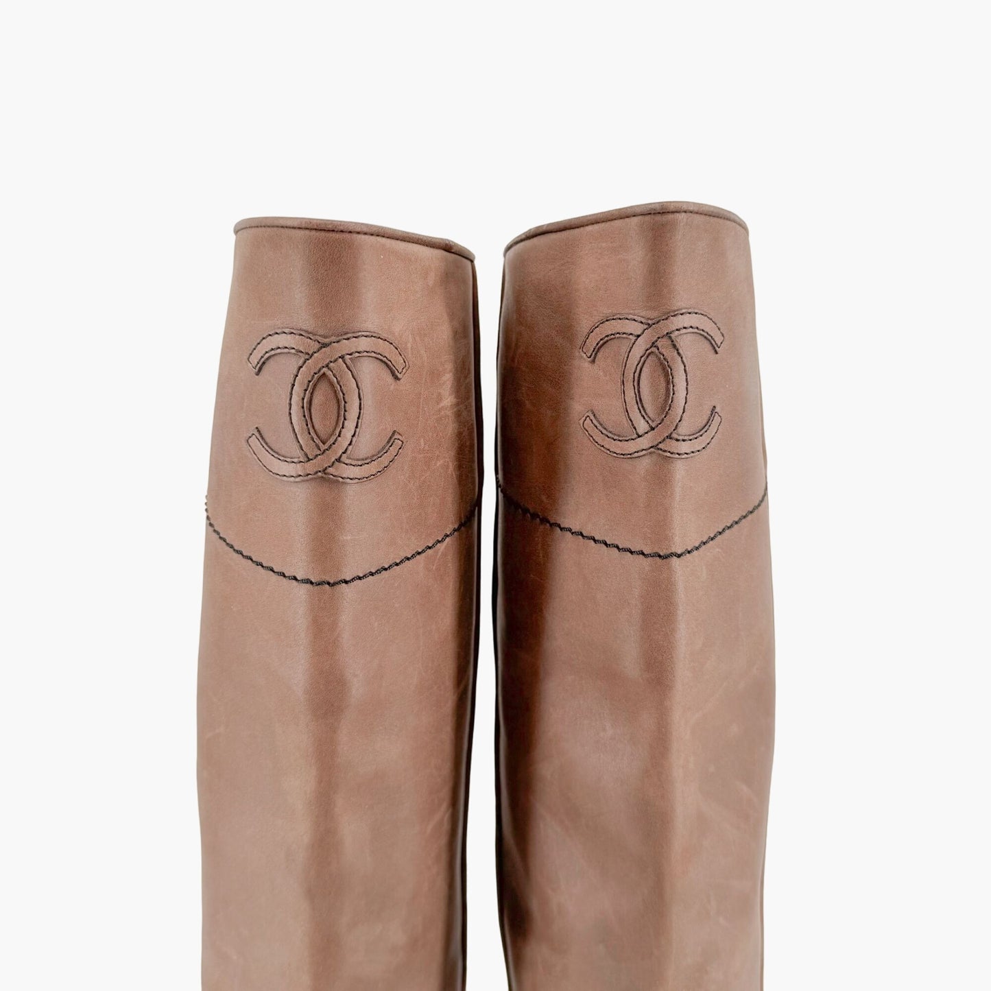 Chanel CC Knee High Riding Boots in Brown Nubuck Leather Size 36.5