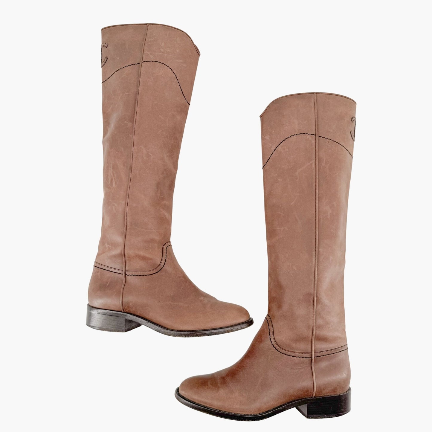 Chanel CC Knee High Riding Boots in Brown Nubuck Leather Size 36.5