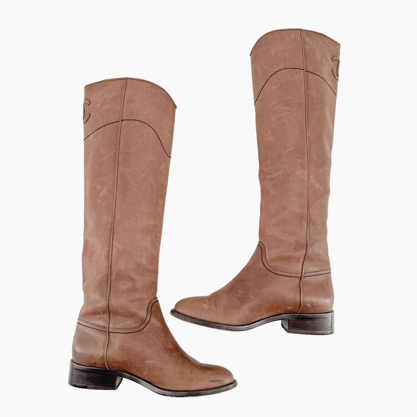 Chanel CC Knee High Riding Boots in Brown Nubuck Leather Size 36.5
