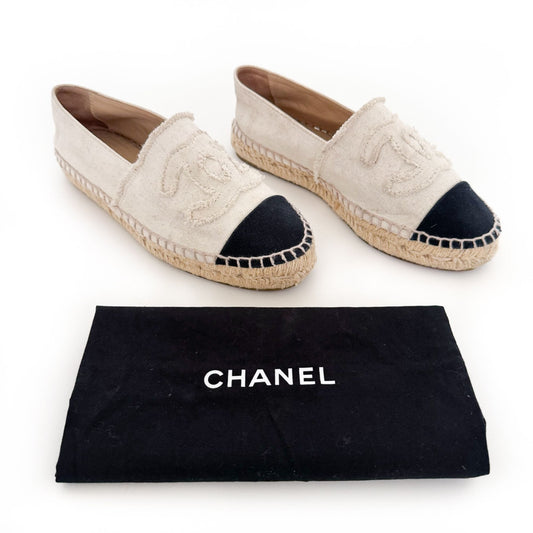 Chanel CC Cap Toe Espadrilles in Beige Canvas Size 38