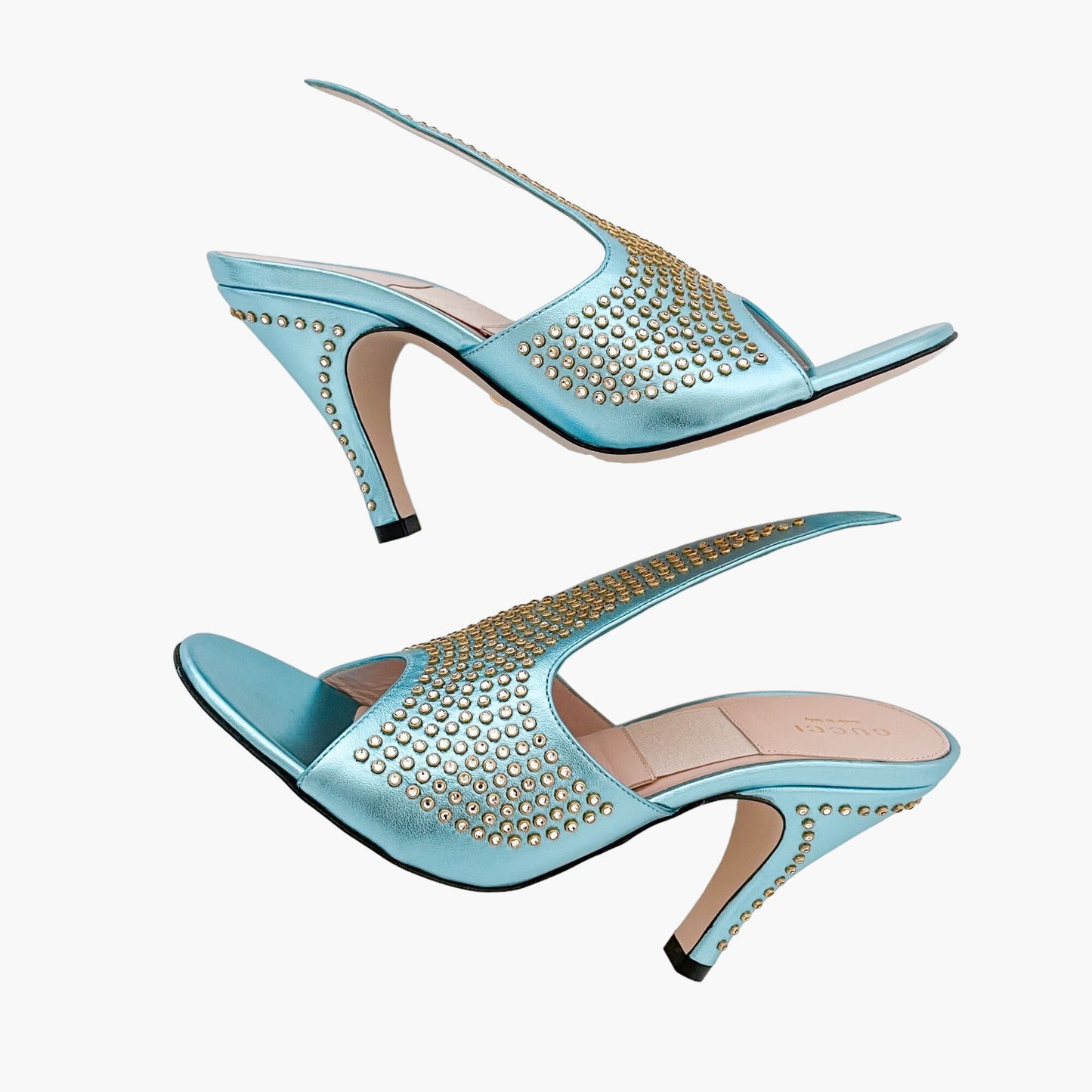 Gucci Fedra Crystal-Embellished Mules in Cielo (Metallic Blue) Size 37