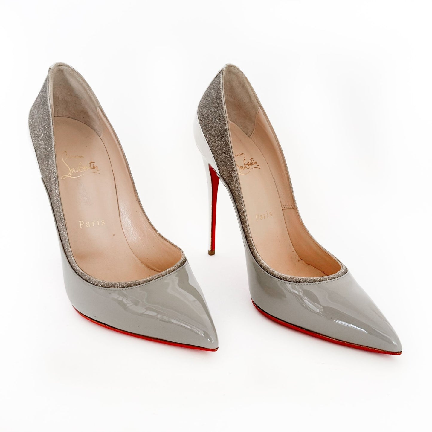 Christian Louboutin Tucsick 120 Pumps in Gray Patent, White Leather & Glitter Size 38