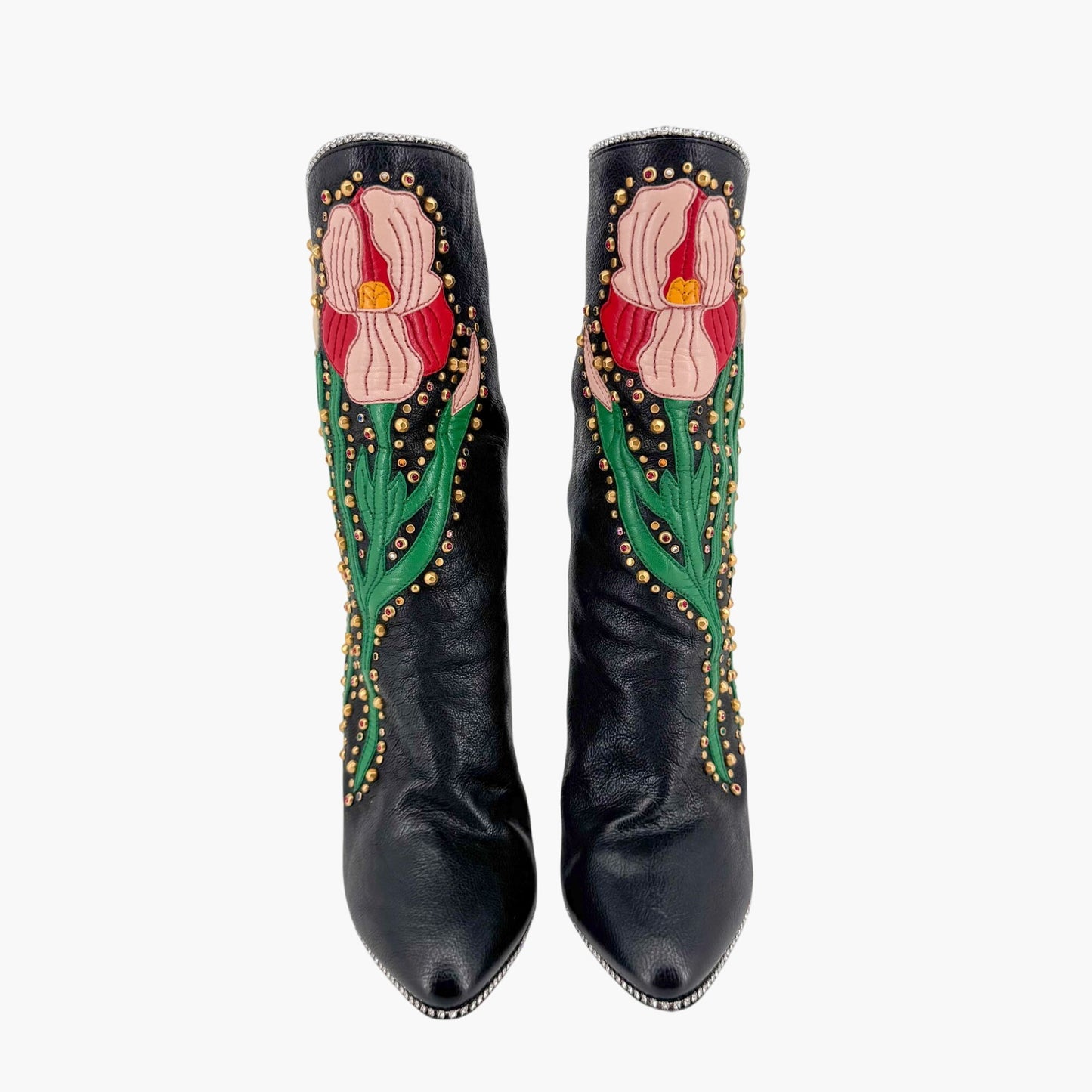 Gucci Fosca Floral Intarsia Crystal Studded Leather Boots – Size 37