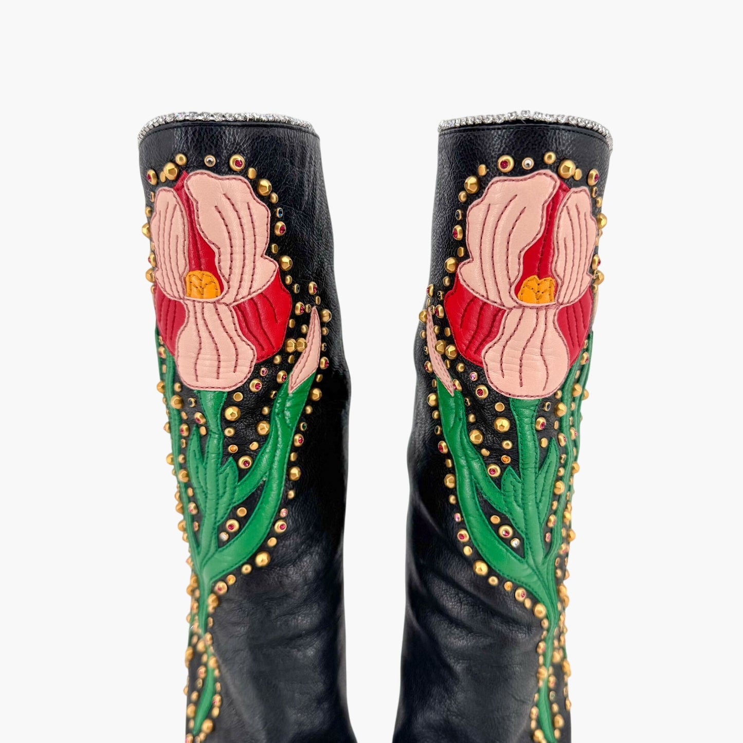 Gucci Fosca Floral Intarsia Crystal Studded Leather Boots – Size 37