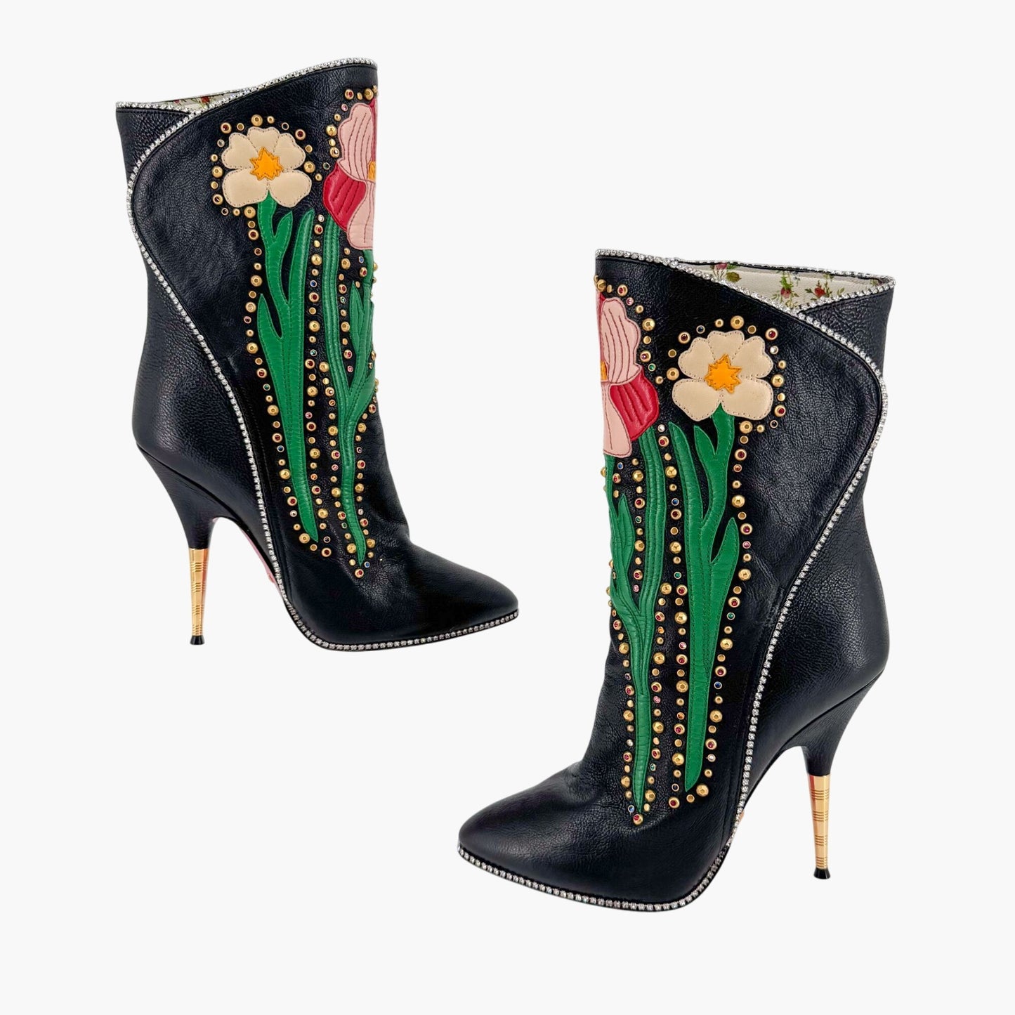 Gucci Fosca Floral Intarsia Crystal Studded Leather Boots – Size 37