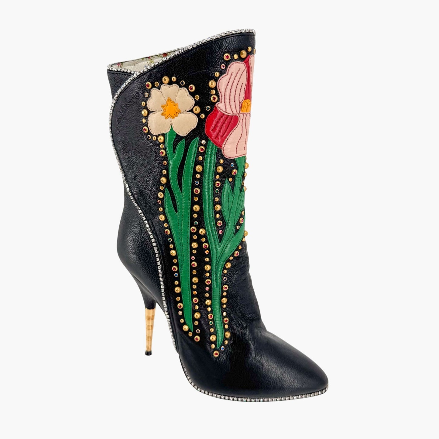 Gucci Fosca Floral Intarsia Crystal Studded Leather Boots – Size 37