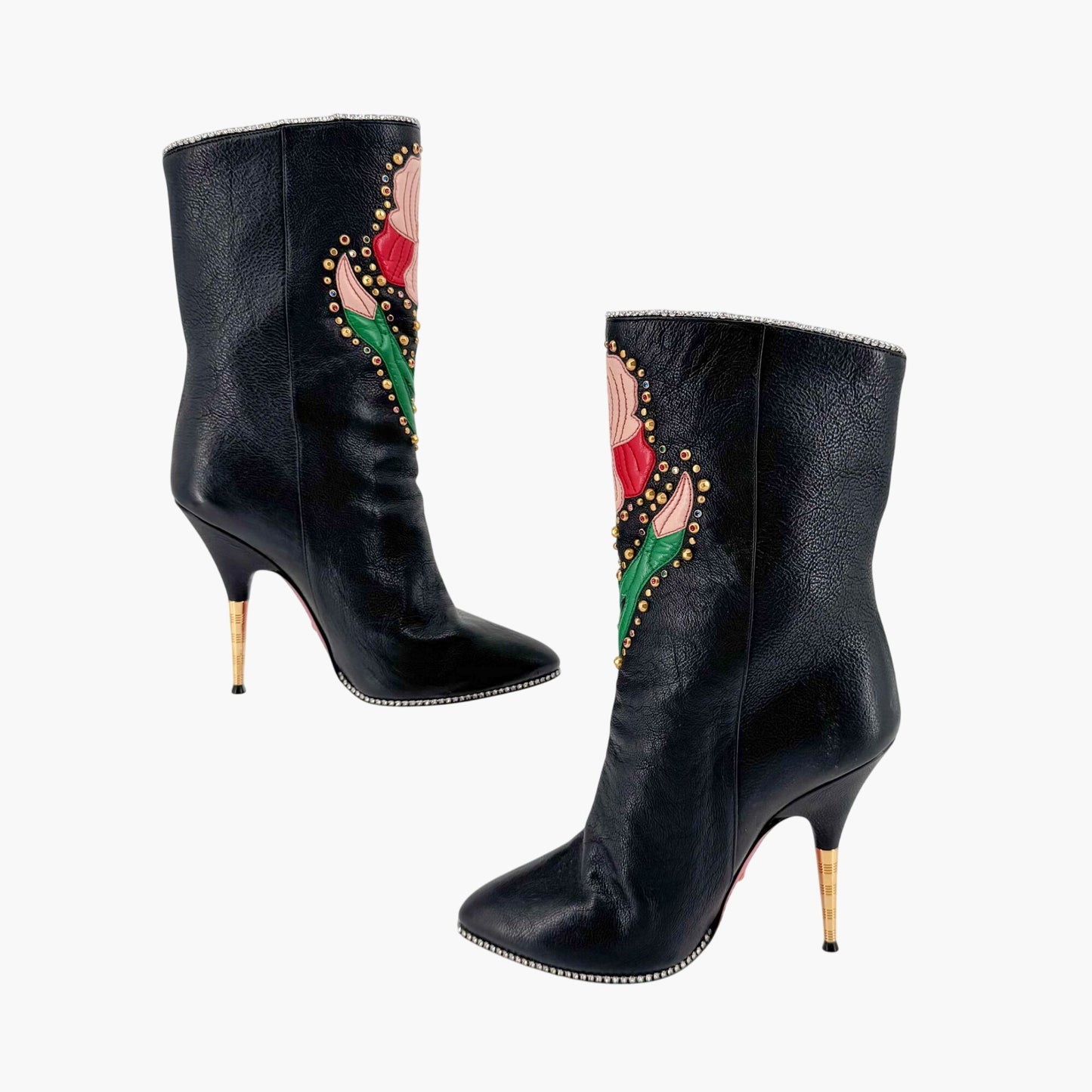 Gucci Fosca Floral Intarsia Crystal Studded Leather Boots – Size 37