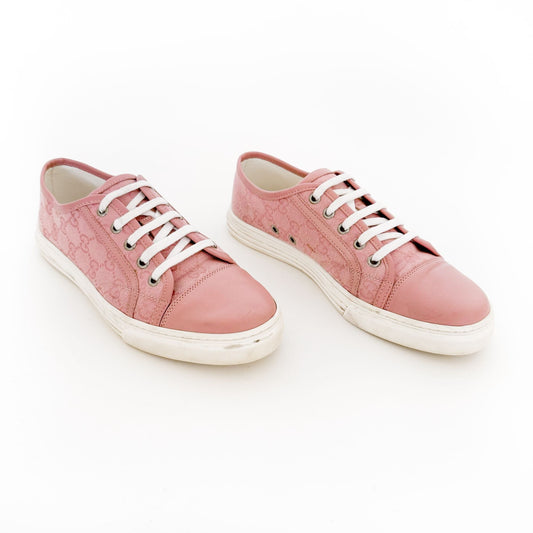 Gucci Low Top Cap Toe Sneakers in Pink GG Canvas & Leather Size 39