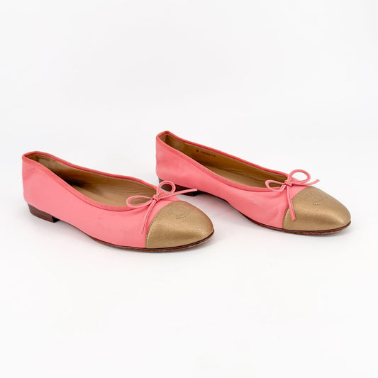 Chanel Pink & Gold CC Cap Toe Leather Ballet Flats Size 39