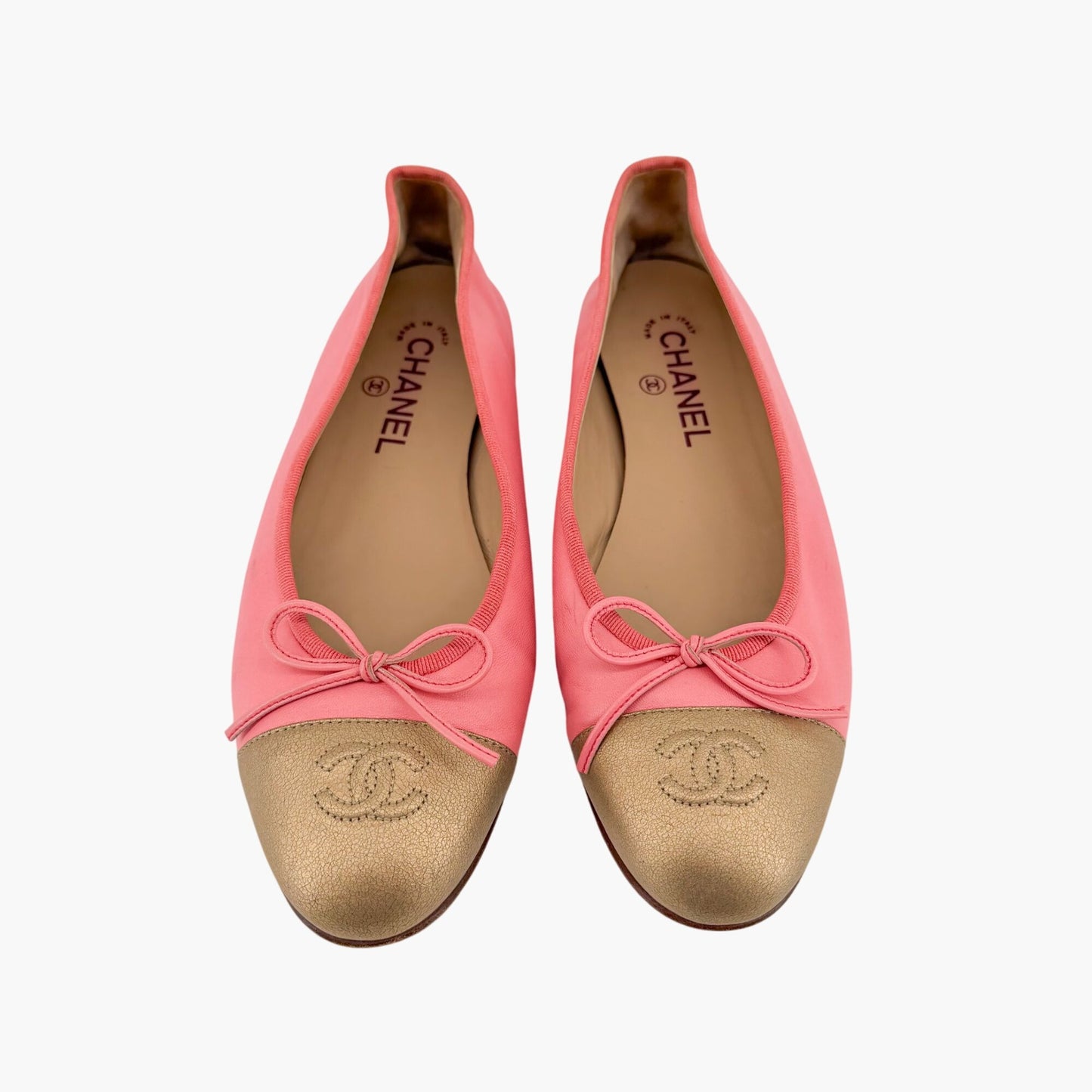 Chanel Pink & Gold CC Cap Toe Leather Ballet Flats Size 39