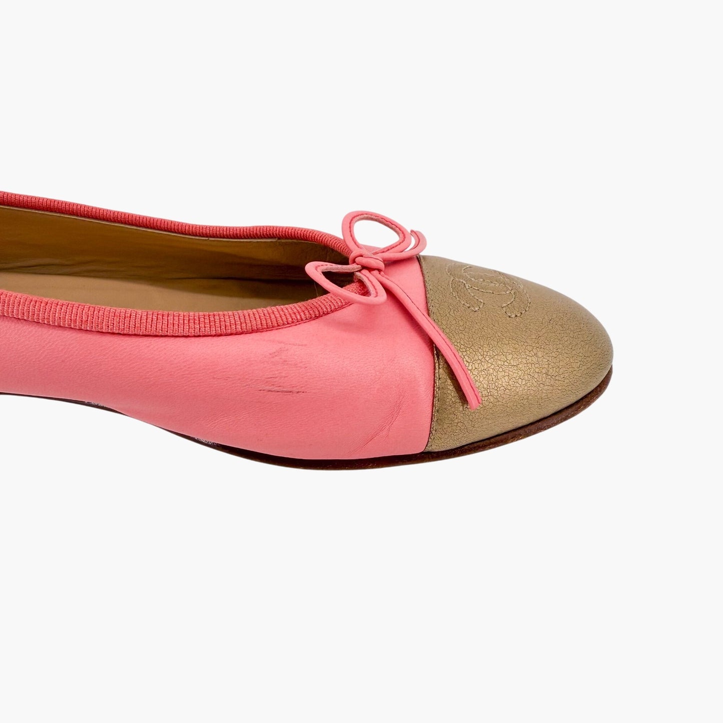 Chanel Pink & Gold CC Cap Toe Leather Ballet Flats Size 39