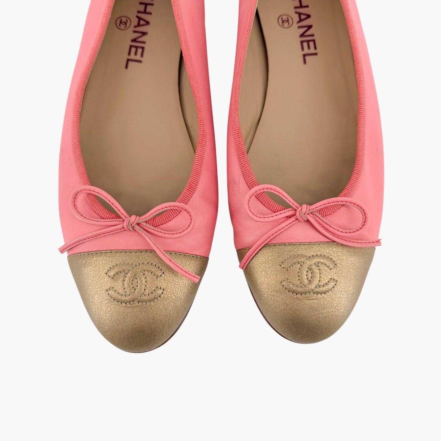 Chanel Pink & Gold CC Cap Toe Leather Ballet Flats Size 39