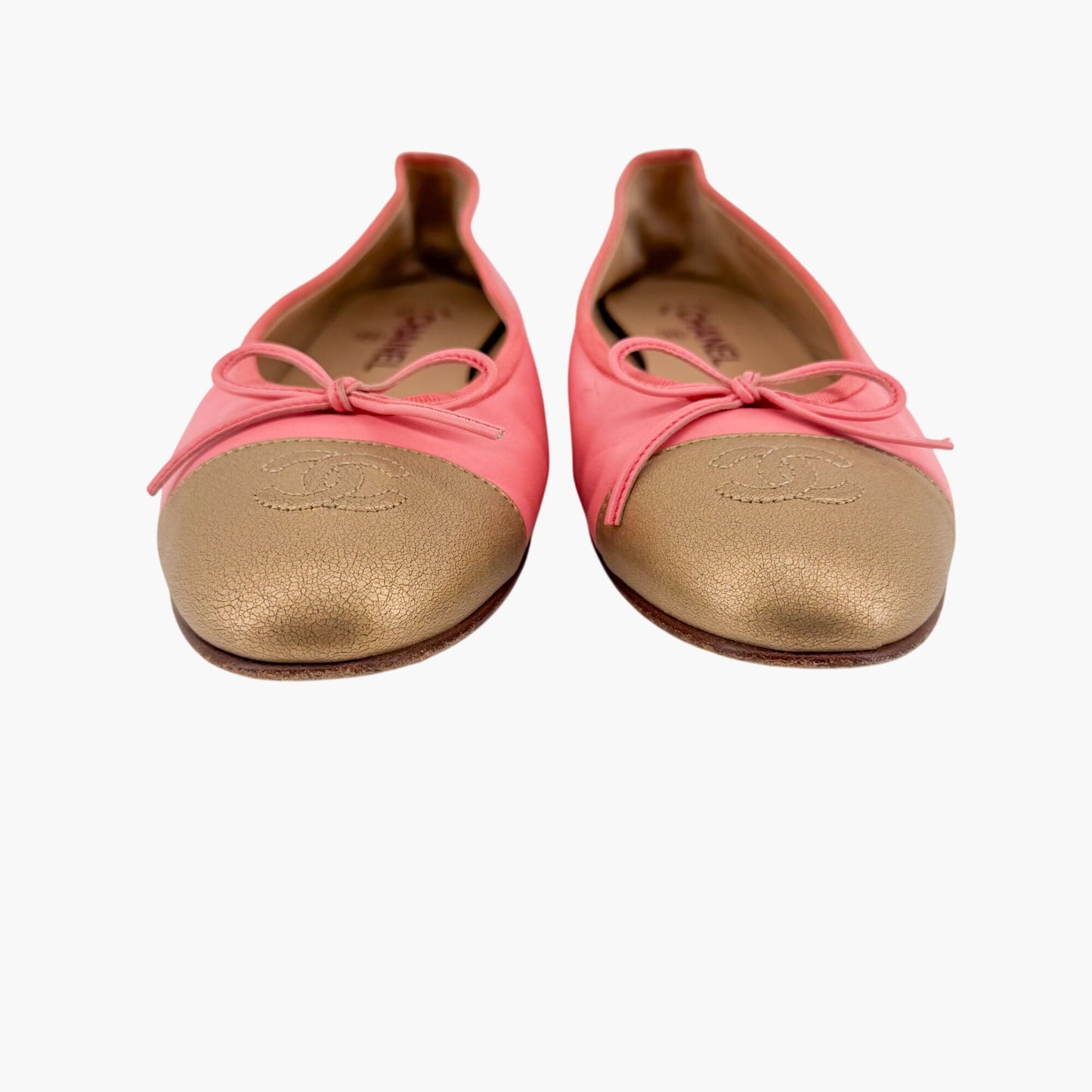 Chanel Pink & Gold CC Cap Toe Leather Ballet Flats Size 39