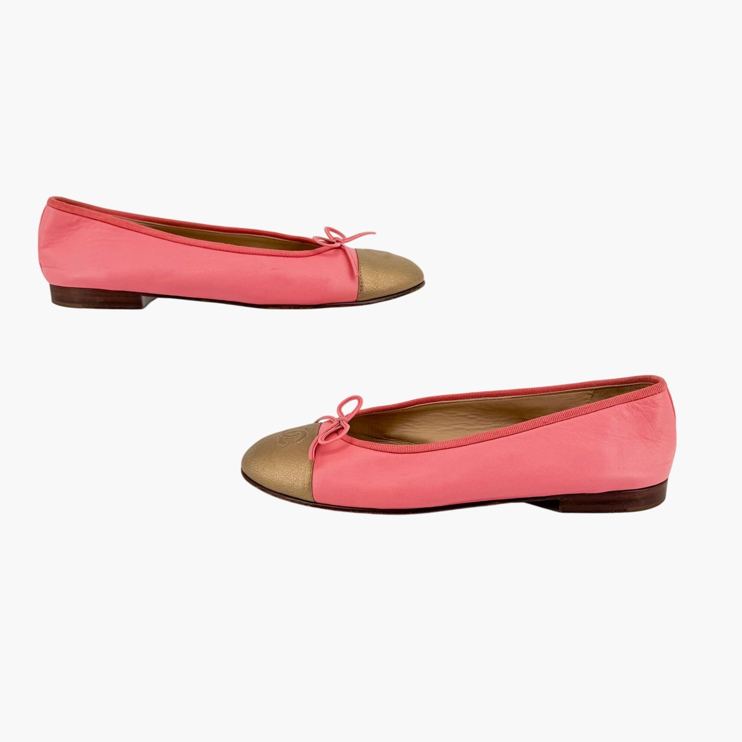 Chanel Pink & Gold CC Cap Toe Leather Ballet Flats Size 39