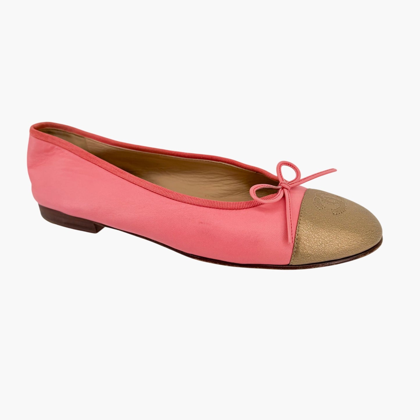 Chanel Pink & Gold CC Cap Toe Leather Ballet Flats Size 39