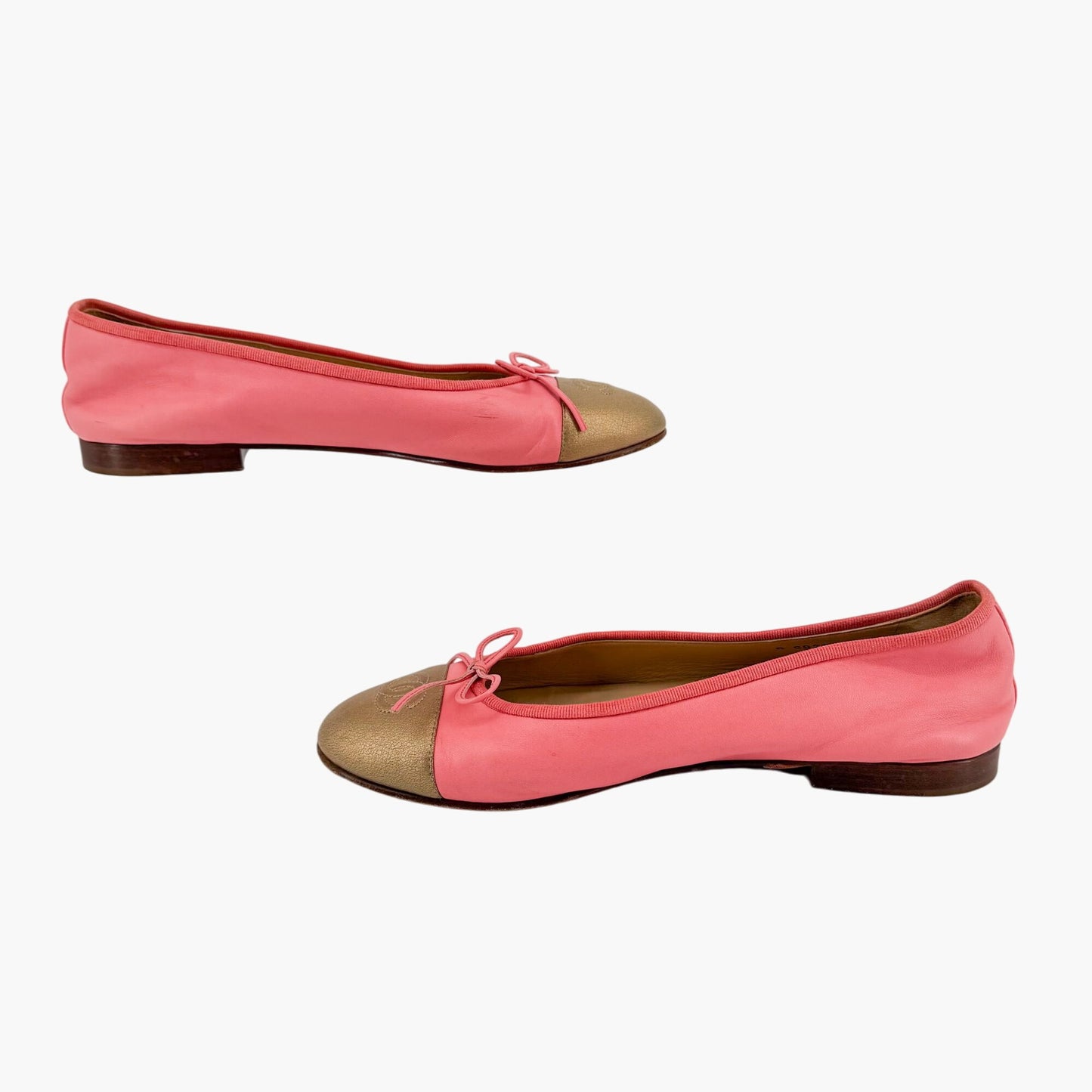 Chanel Pink & Gold CC Cap Toe Leather Ballet Flats Size 39
