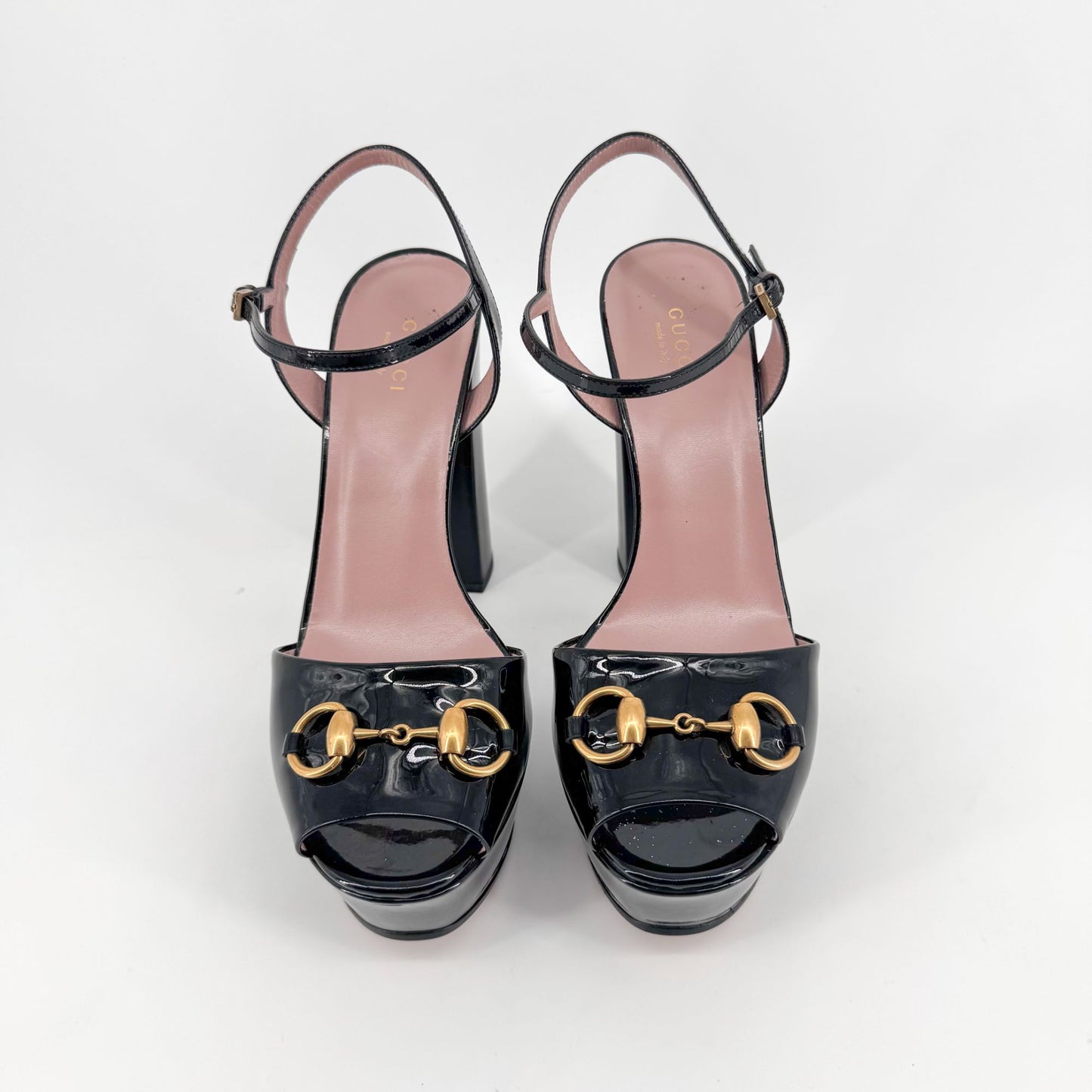 Gucci Claudie Horsebit Platform Heels in Black Patent Leather – Size 38
