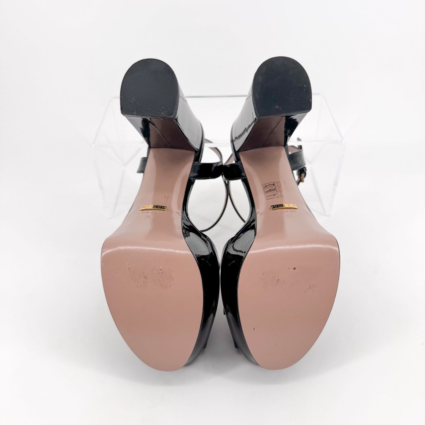 Gucci Claudie Horsebit Platform Heels in Black Patent Leather – Size 38