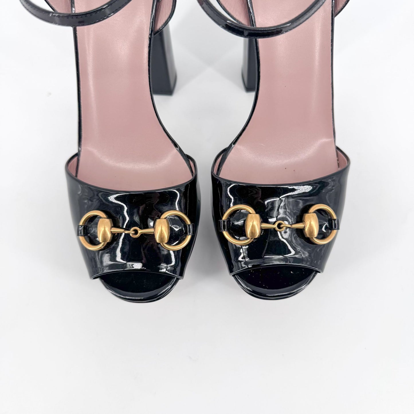 Gucci Claudie Horsebit Platform Heels in Black Patent Leather – Size 38