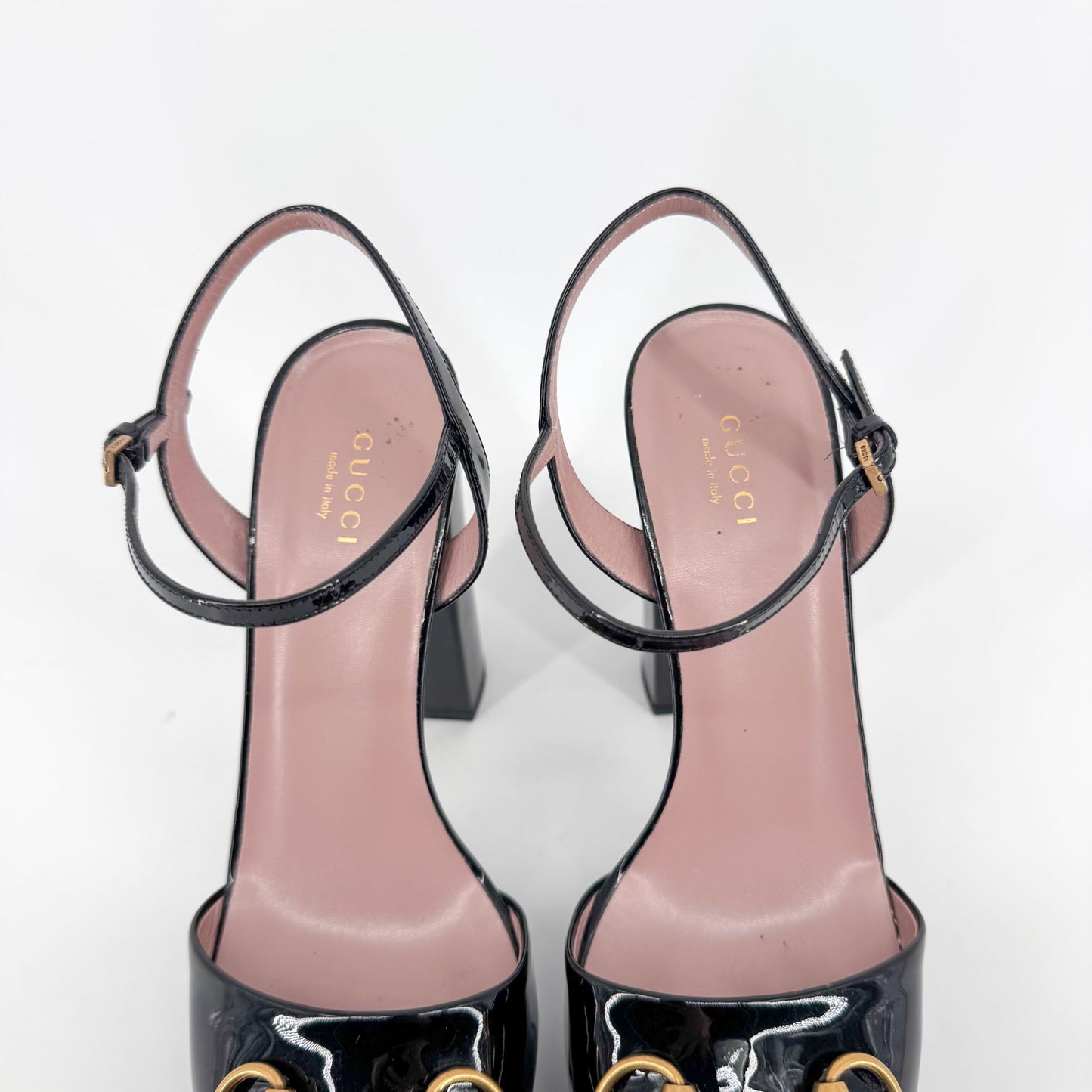 Gucci Claudie Horsebit Platform Heels in Black Patent Leather – Size 38