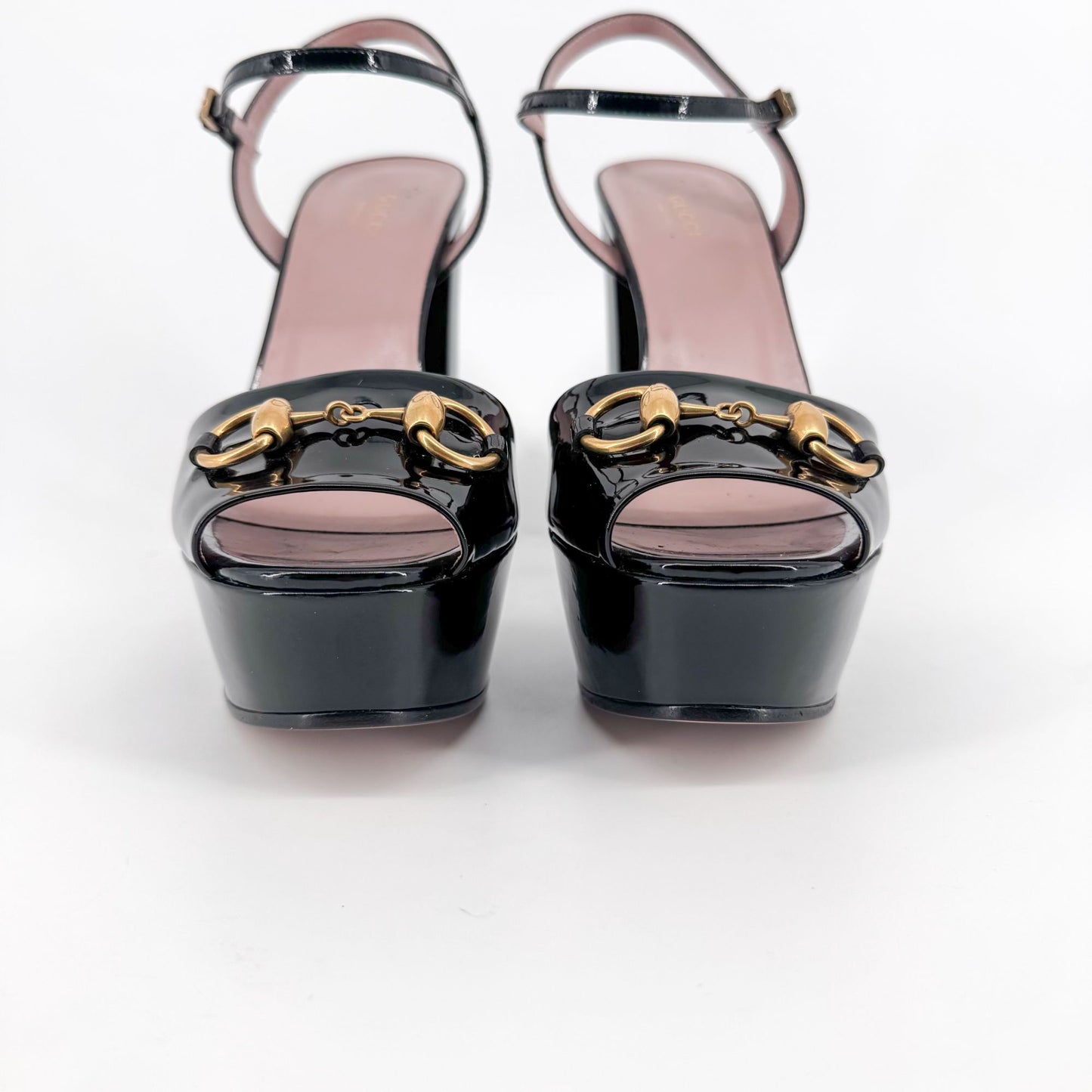 Gucci Claudie Horsebit Platform Heels in Black Patent Leather – Size 38