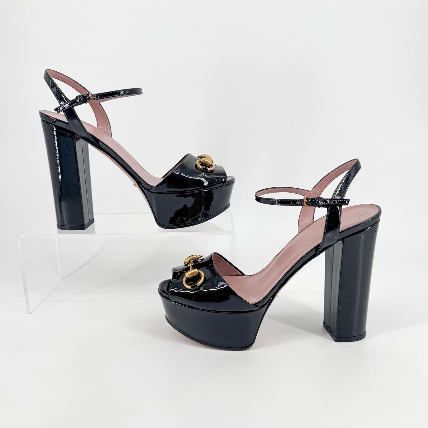 Gucci Claudie Horsebit Platform Heels in Black Patent Leather – Size 38