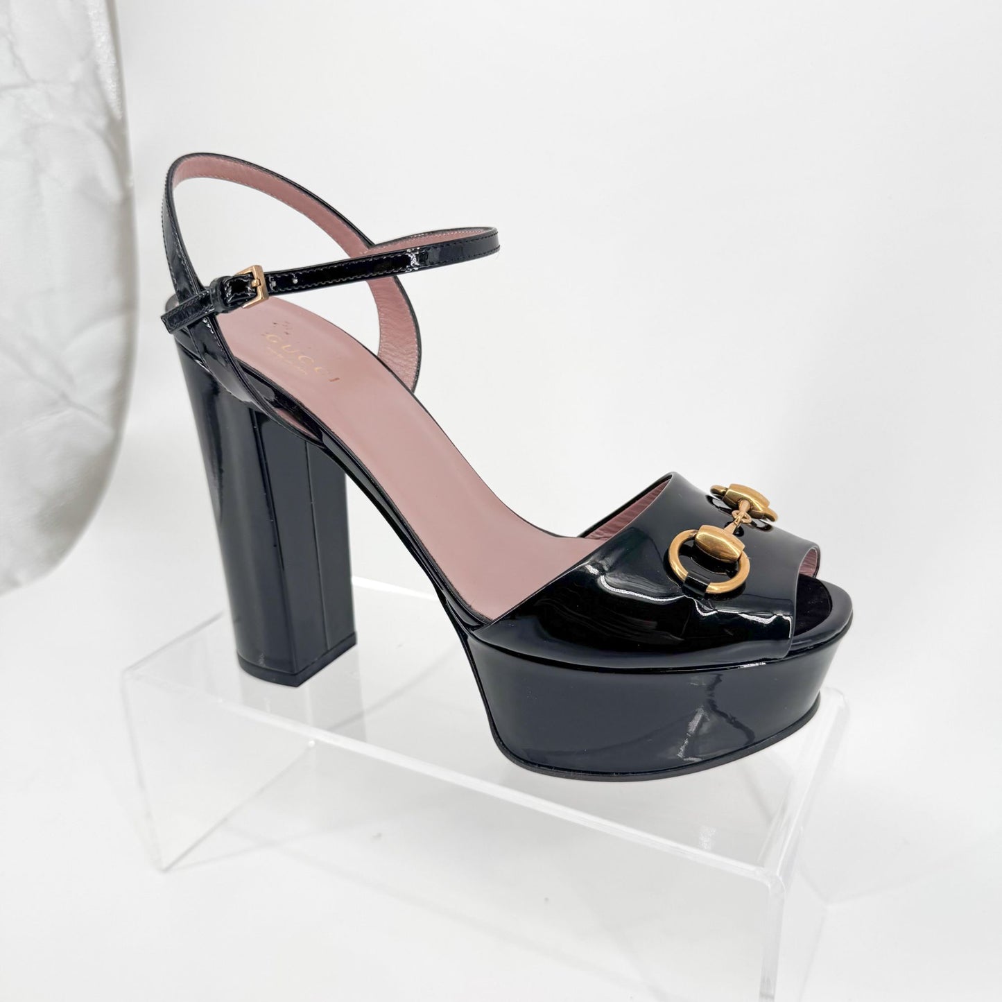 Gucci Claudie Horsebit Platform Heels in Black Patent Leather – Size 38