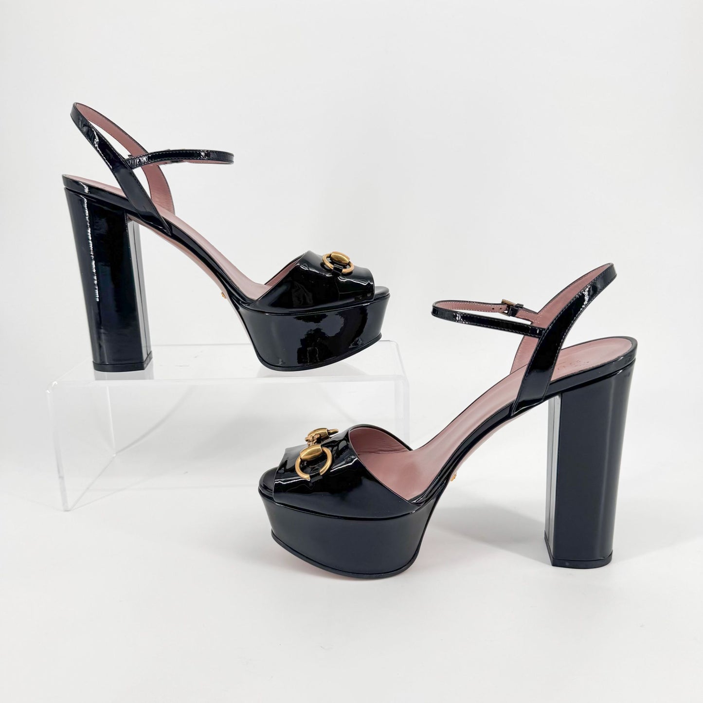 Gucci Claudie Horsebit Platform Heels in Black Patent Leather – Size 38