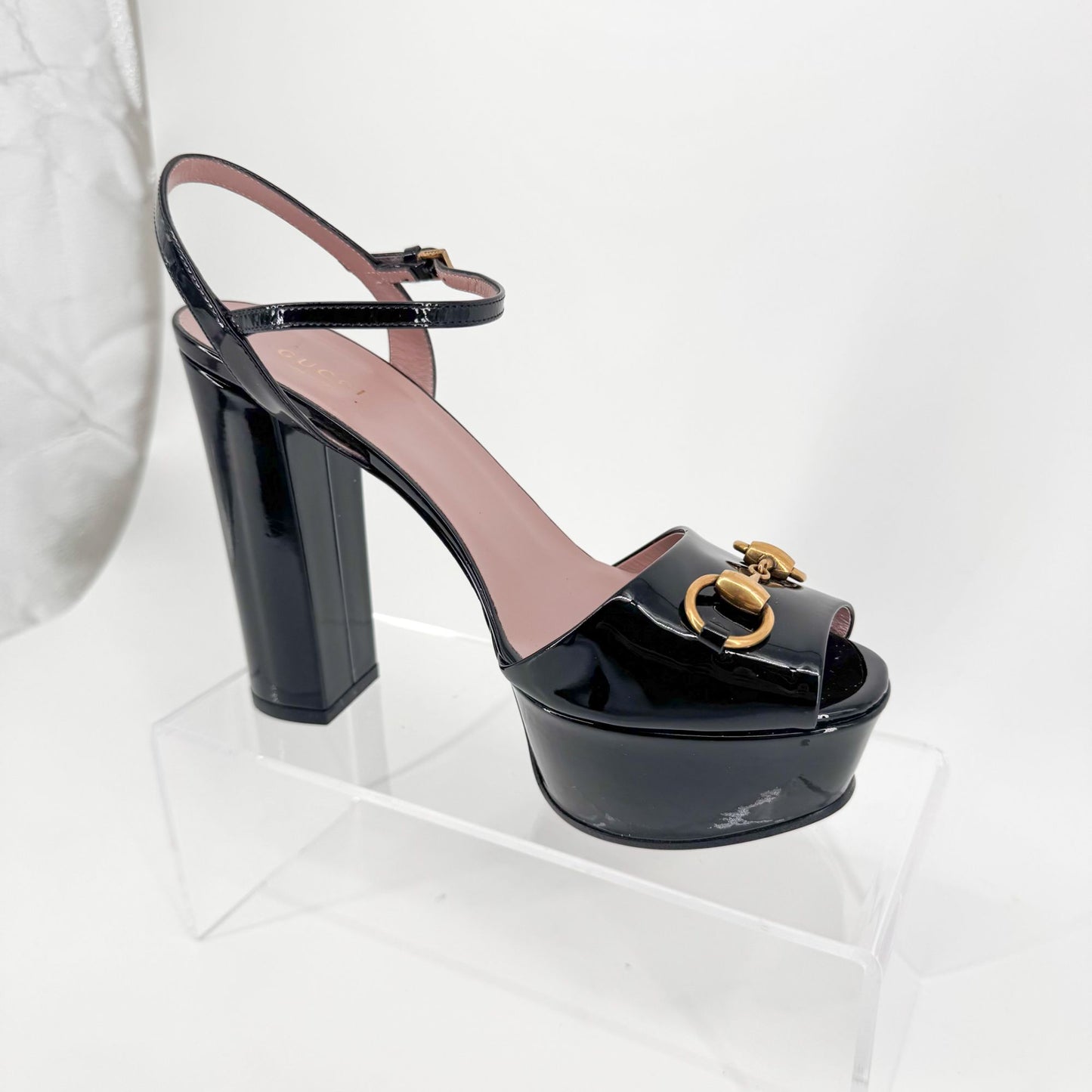 Gucci Claudie Horsebit Platform Heels in Black Patent Leather – Size 38
