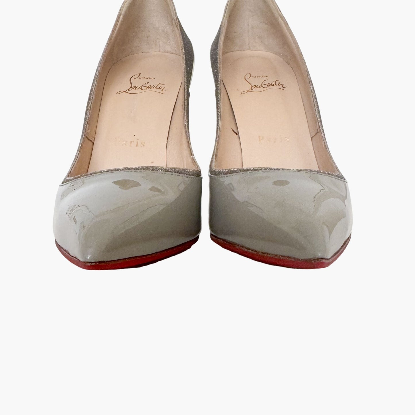 Christian Louboutin Tucsick 120 Pumps in Gray Patent, White Leather & Glitter Size 38