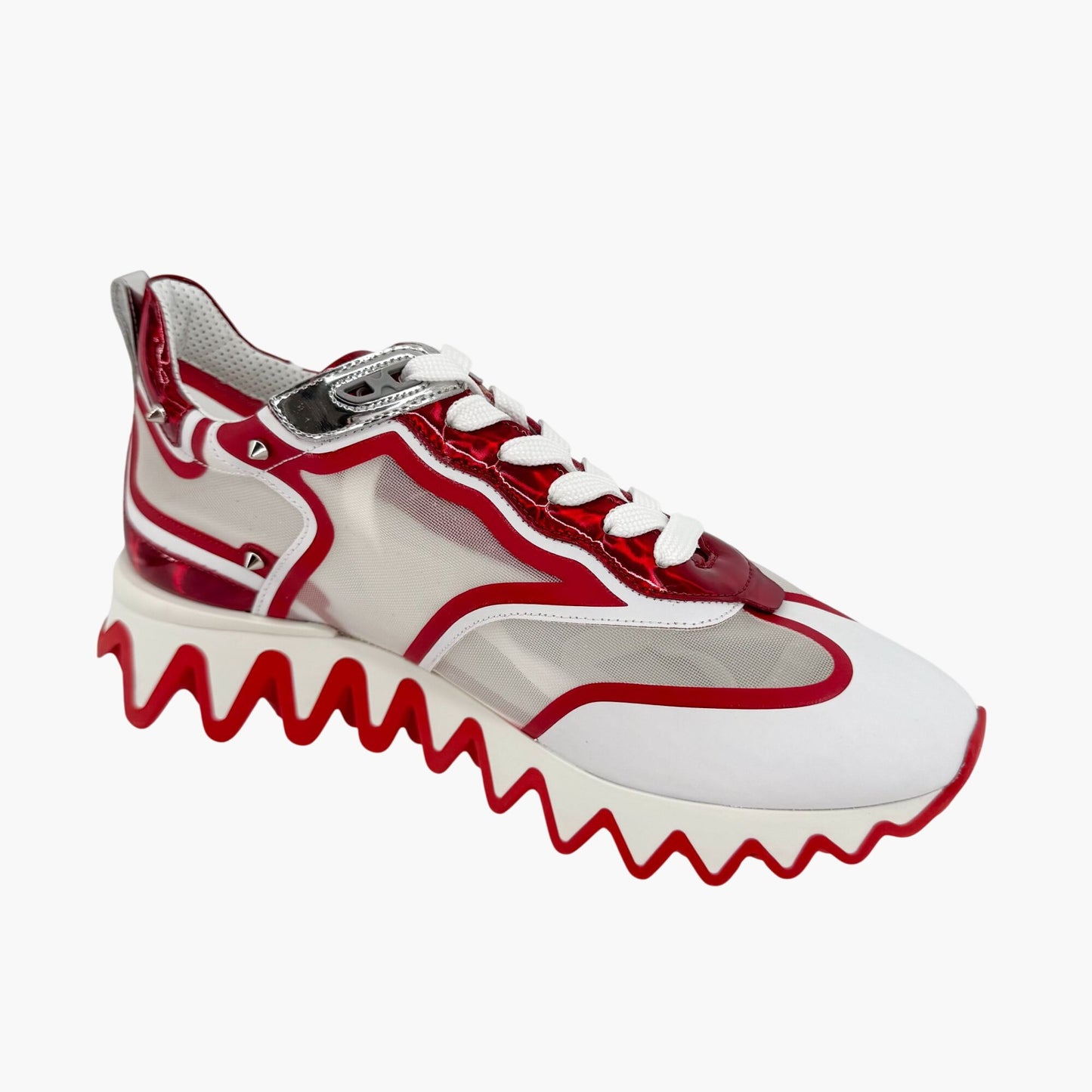 Christian Louboutin Sharkina Sneakers in White Mesh & Red Patent Leather – Size 41