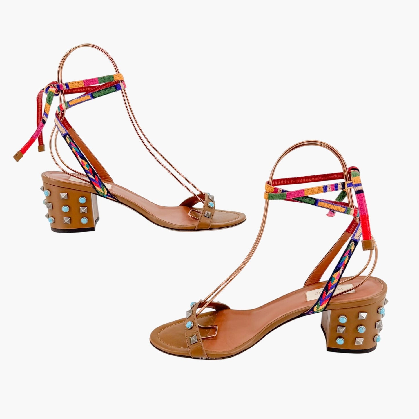 Valentino Garavani Rockstud Rolling Ankle Wrap Block Heel Sandals Size 38.5