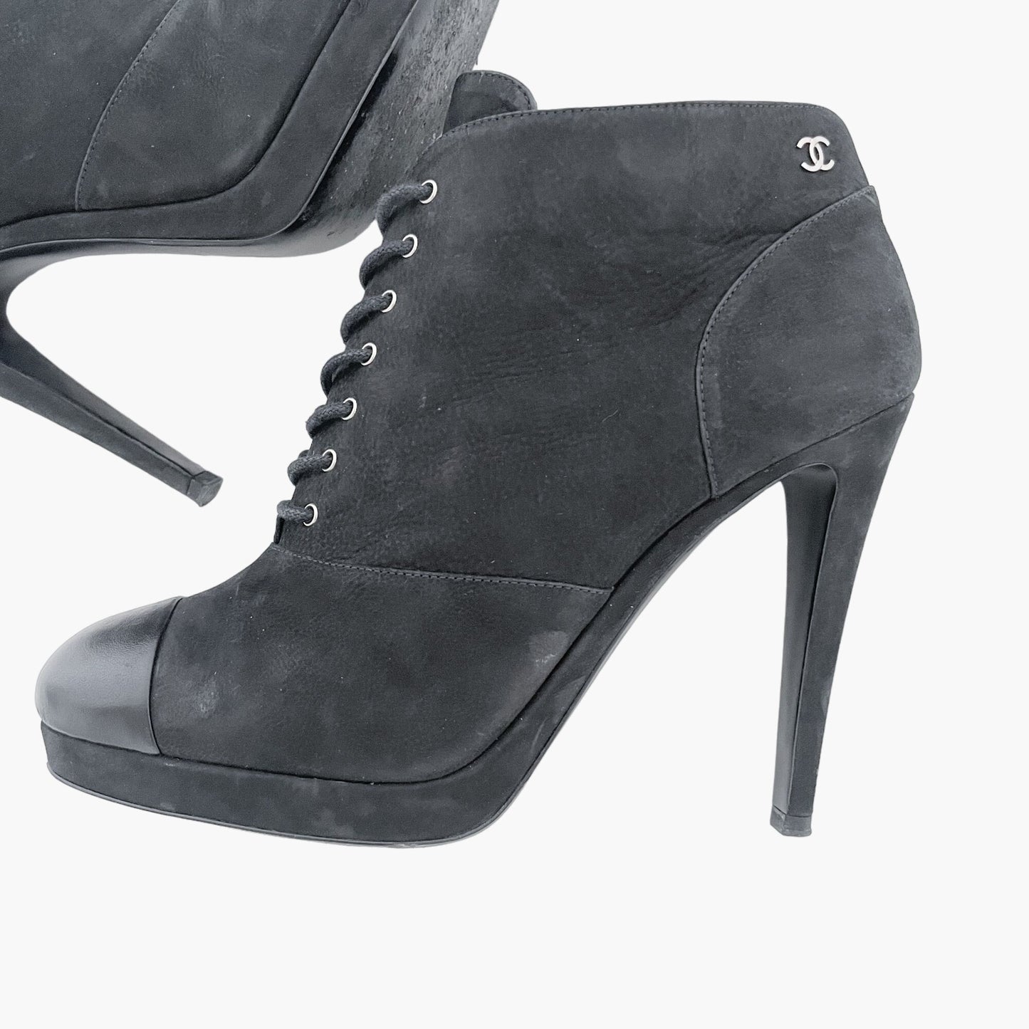 Chanel Lace-Up Ankle Booties in Black Suede Size 38.5