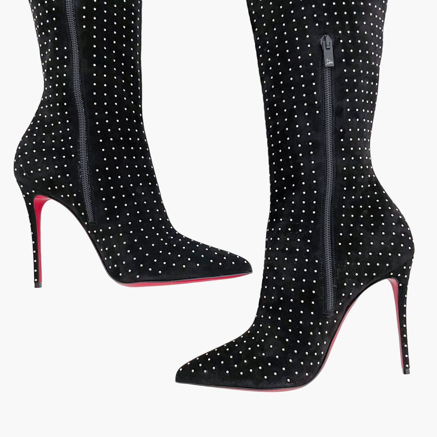 Christian Louboutin Alta Botta Plume 100 in Black Veau Velours with Silver Studs Size 39