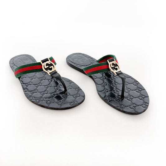 Gucci GG Web Stripe Thong Sandals in Black Size 39