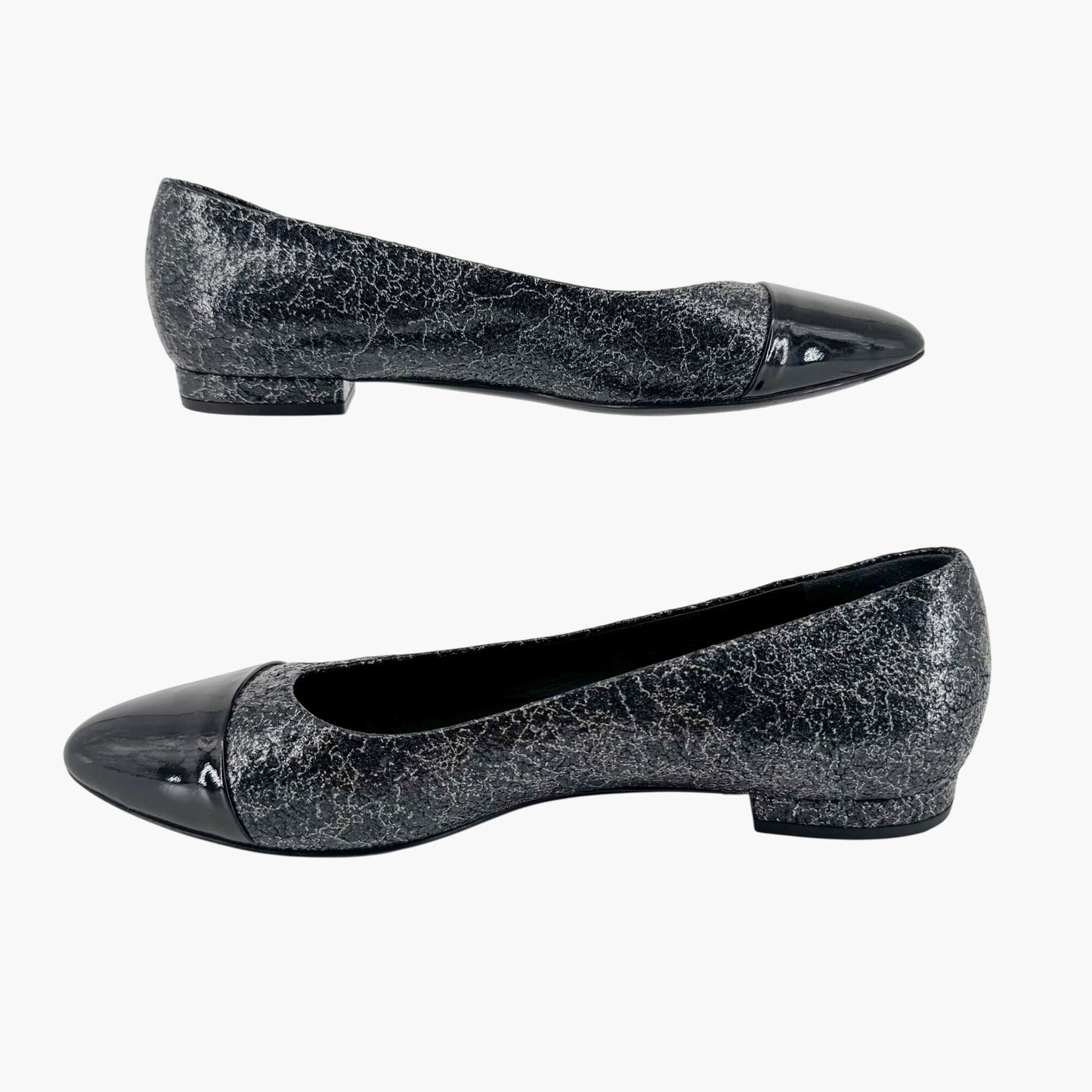 Chanel Cap Toe CC Ballerina Flats in Black & Silver Leather – Size 37.5
