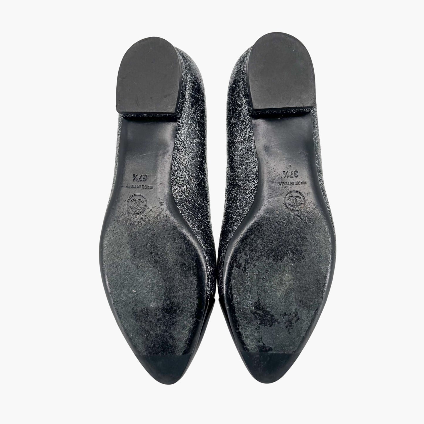 Chanel Cap Toe CC Ballerina Flats in Black & Silver Leather – Size 37.5