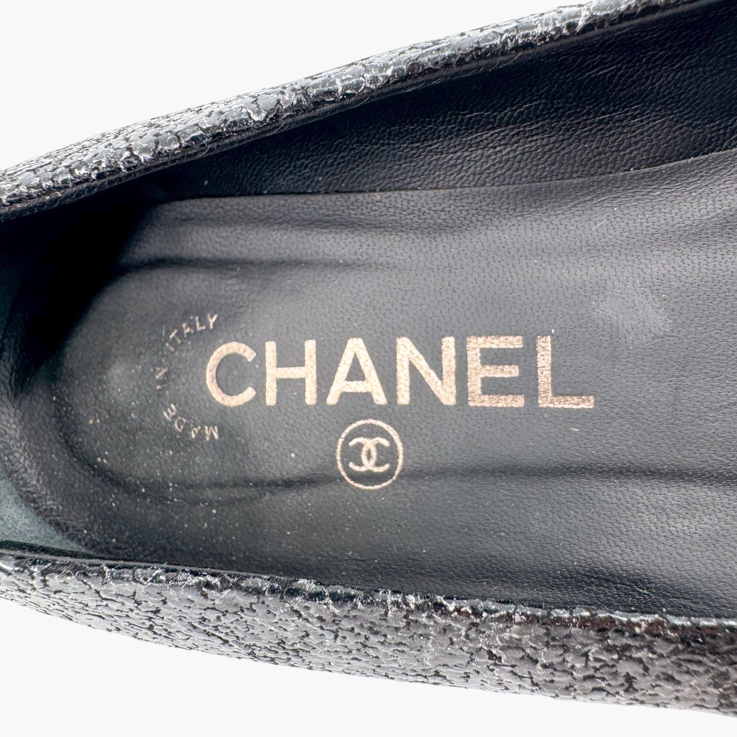 Chanel Cap Toe CC Ballerina Flats in Black & Silver Leather – Size 37.5