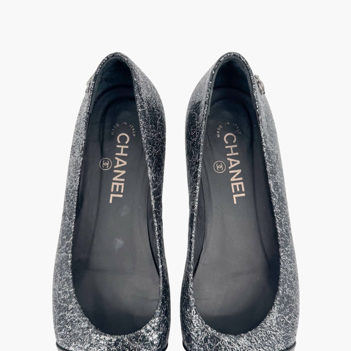 Chanel Cap Toe CC Ballerina Flats in Black & Silver Leather – Size 37.5