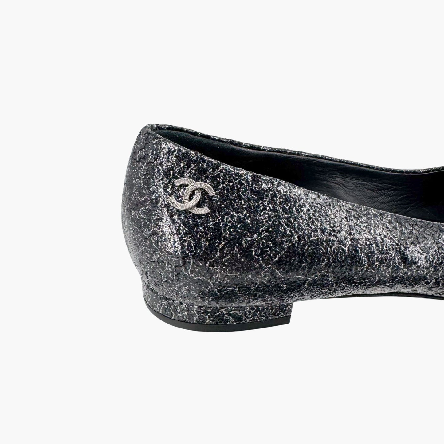 Chanel Cap Toe CC Ballerina Flats in Black & Silver Leather – Size 37.5