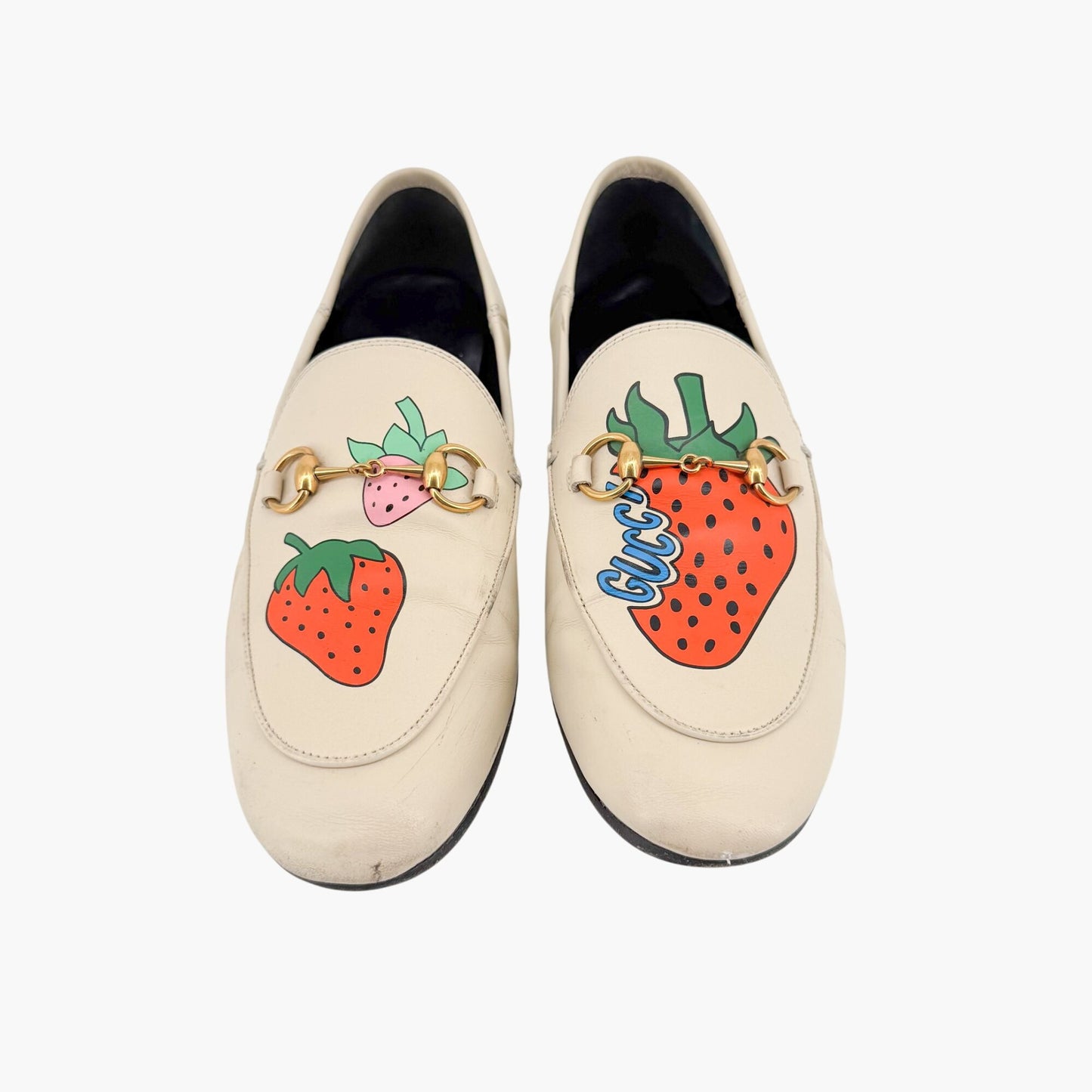 Gucci Strawberry Print Brixton Horsebit Loafer in Cream/White Size 38