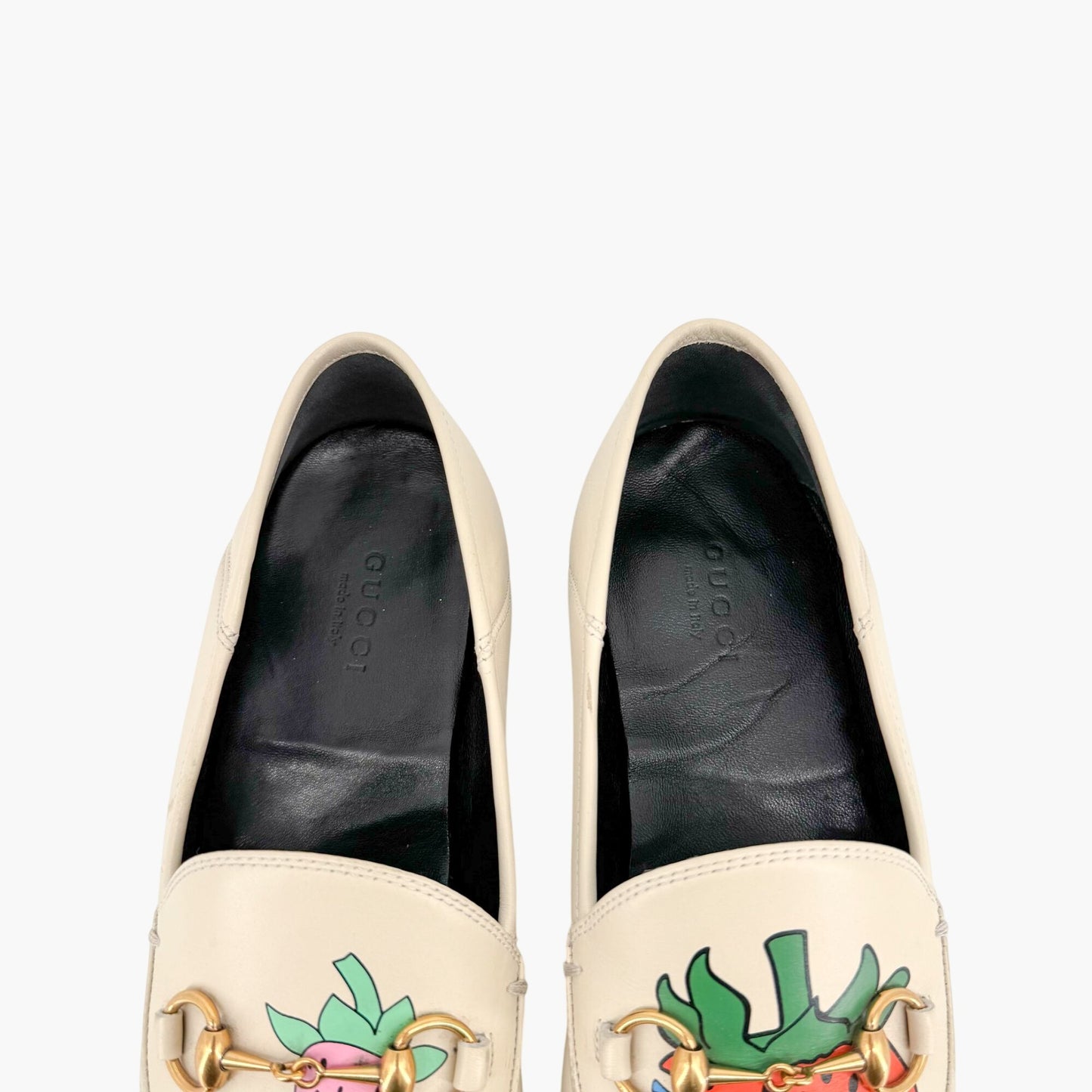 Gucci Strawberry Print Brixton Horsebit Loafer in Cream/White Size 38