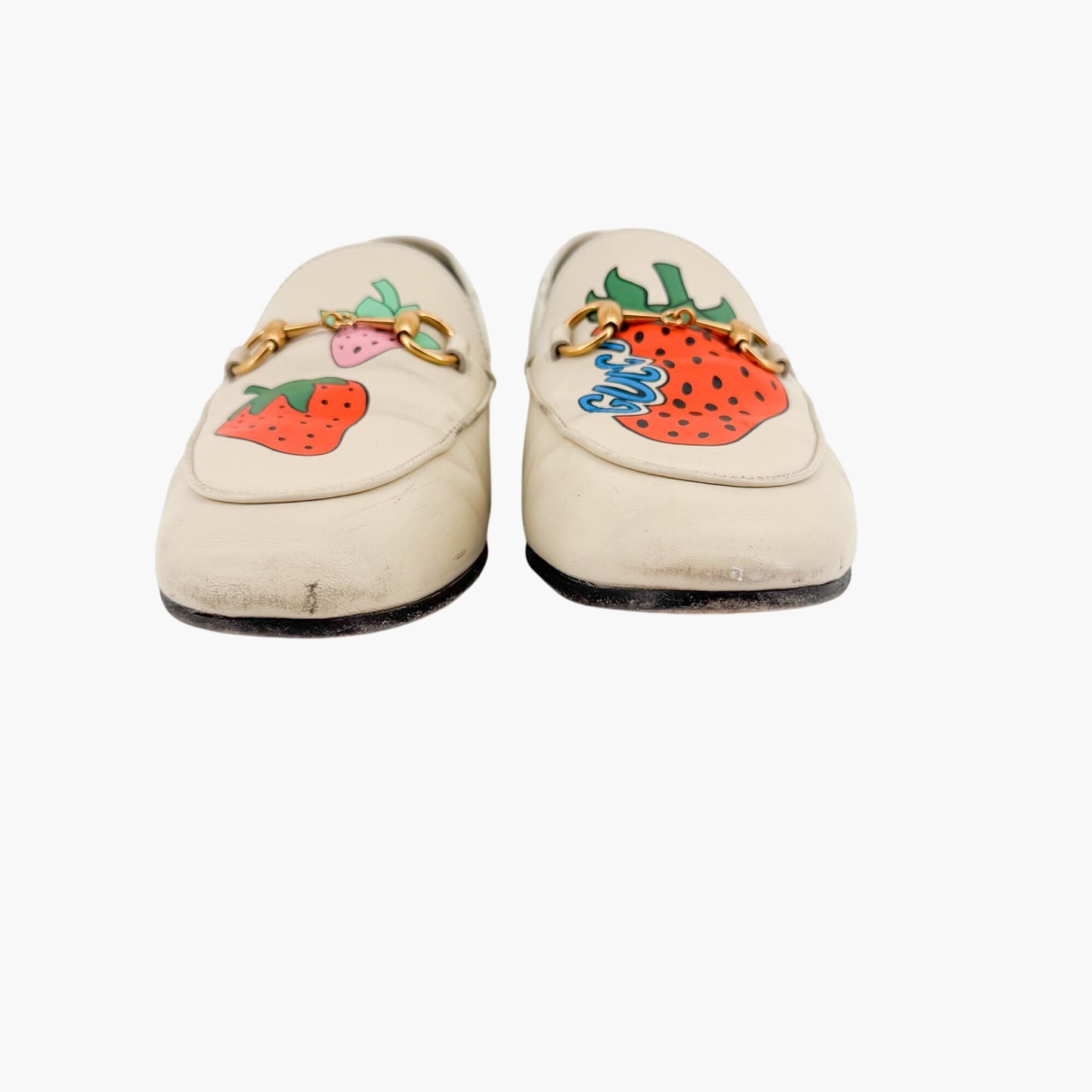 Gucci Strawberry Print Brixton Horsebit Loafer in Cream/White Size 38