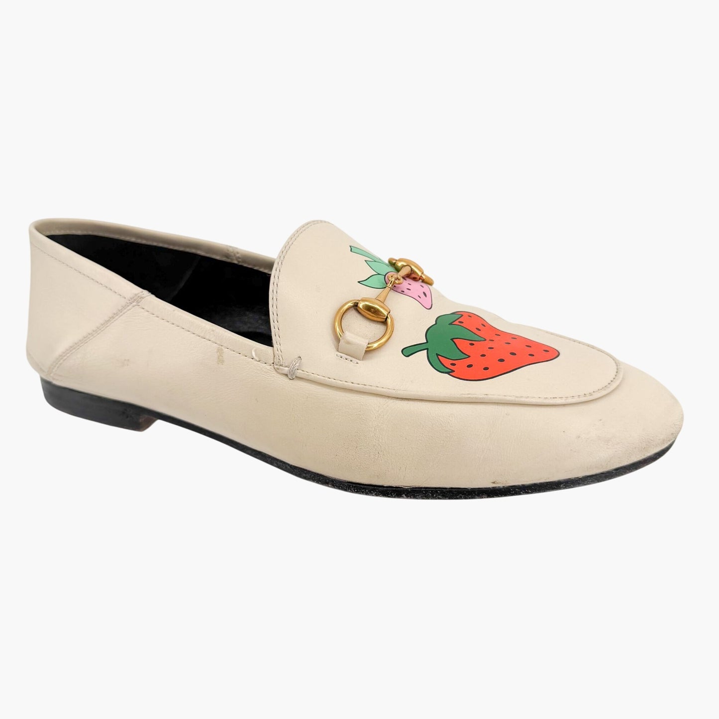 Gucci Strawberry Print Brixton Horsebit Loafer in Cream/White Size 38