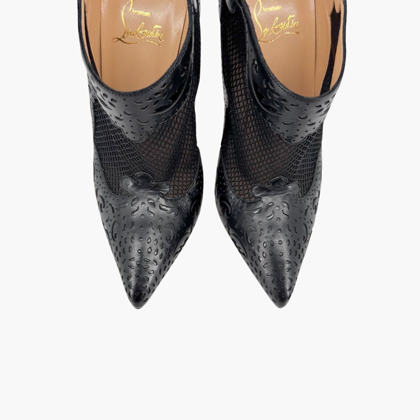 Christian Louboutin Mandolina 120 Laser Cut Booties in Black Leather – Size 37.5