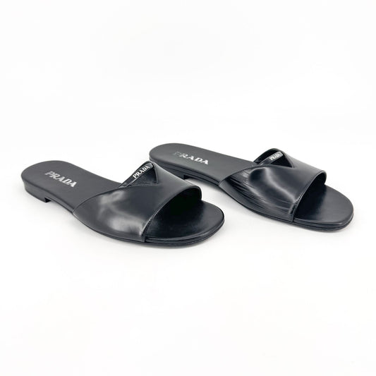 Prada Black Leather Logo Cutout Flat Mule Sandals – Size 39.5