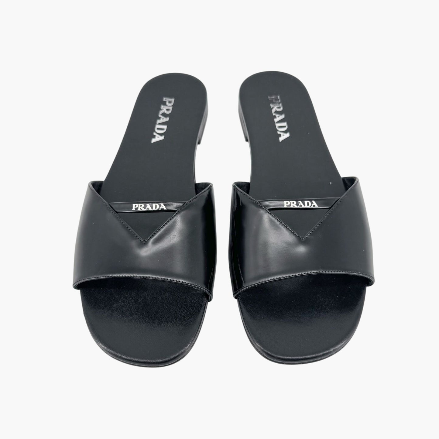 Prada Black Leather Logo Cutout Flat Mule Sandals – Size 39.5